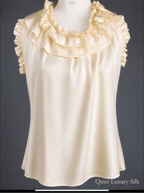Liquid Quiet Luxury Satin Ruffle Blouse Ivory Silky Feel Romantic Old Money Top
